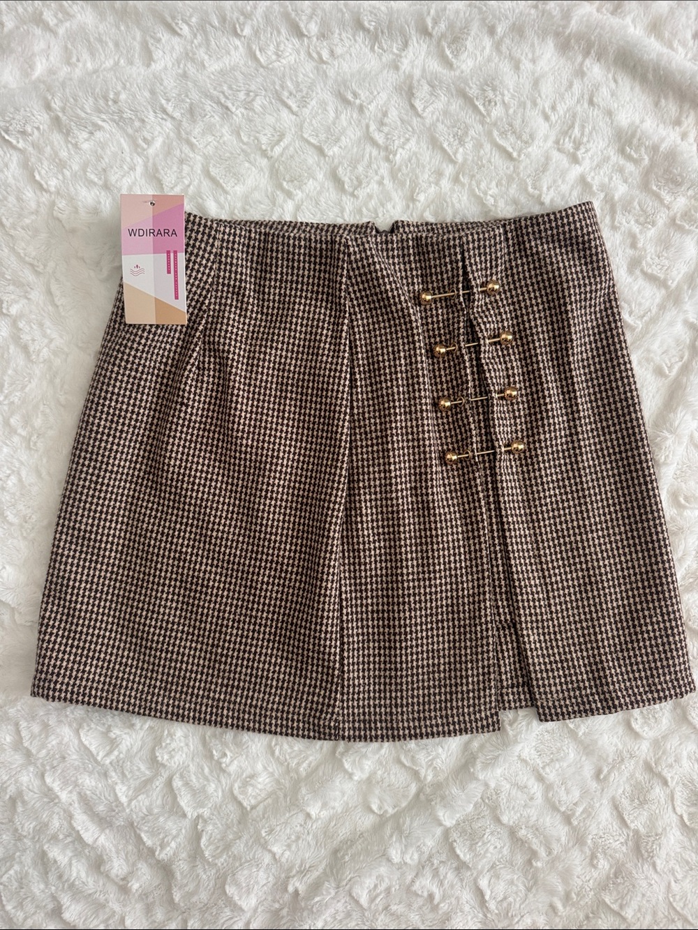 Wdirara Brown Houndstooth Mini Skirt with Decorative Gold Clasps
